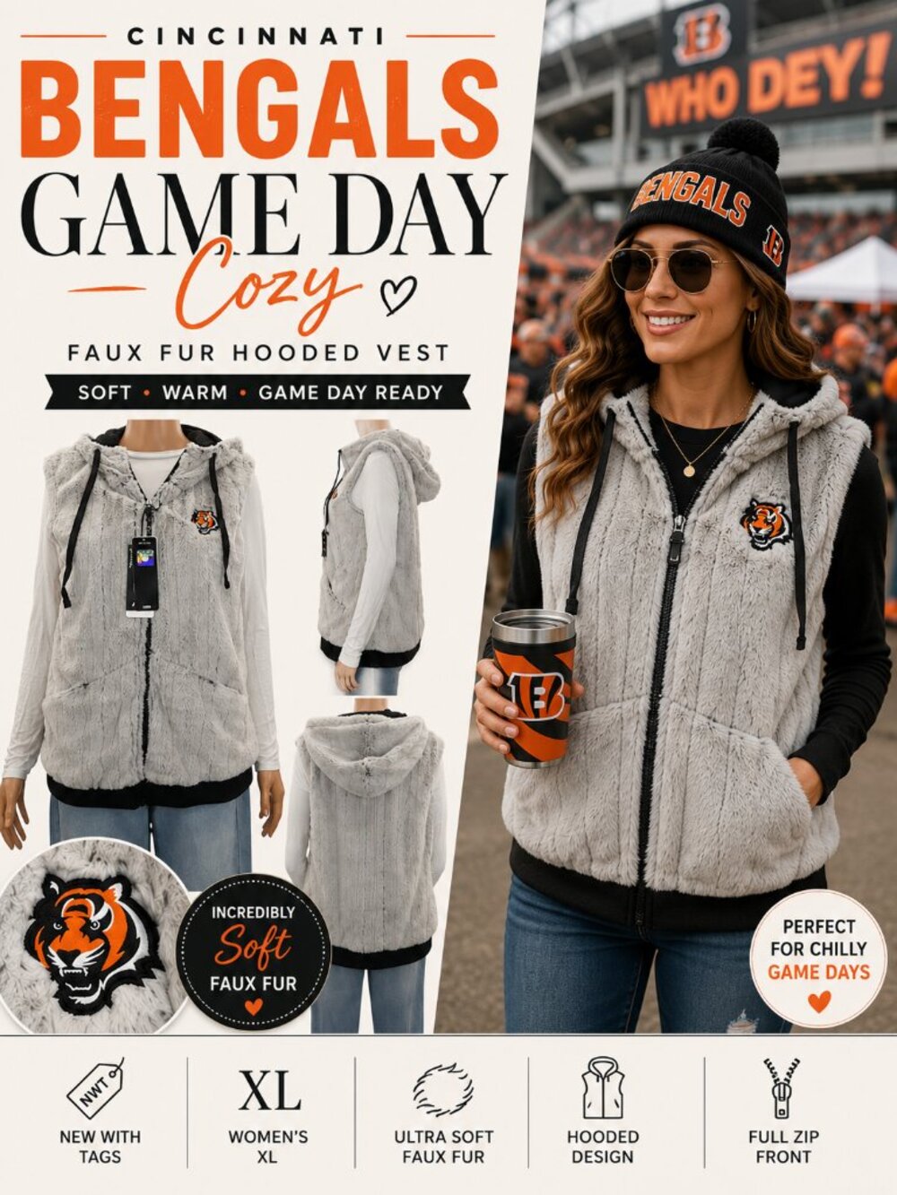 Antigua Bengals Vest XL NWT Faux Fur Hooded Zip Up NFL Team Apparel Cozy